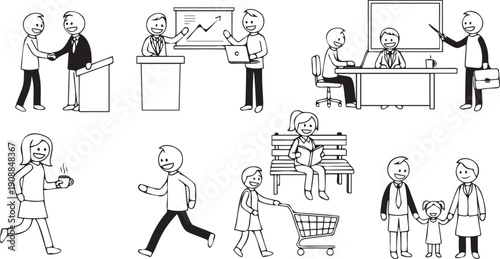 Set of human stick figures engaged in various daily and professional activities and interactions