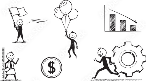 Minimalist business sketches representing leadership success and corporate challenges with line art stick figures and symbols