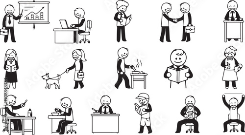 Collection of daily life and work routine stick figures performing various activities like cooking reading walking dog and work