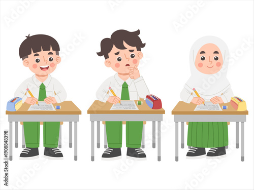 Illustration of a set of elementary school children doing a test
