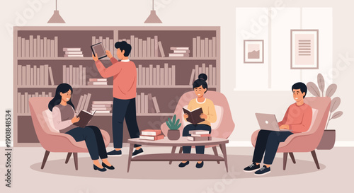 Modern Library Interior Illustration with Students Reading and Studying Together