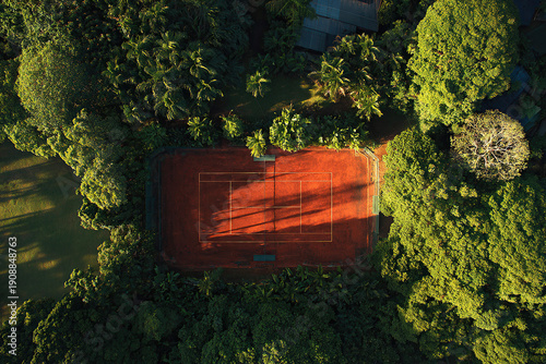 Aerial View of Red Clay Tennis Court in Lush Greenery