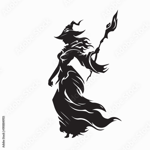 Witch Staff Silhouette.  Black silhouette of a witch wearing a pointed hat and holding a magic staff 