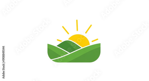 Sunrise over green hills with yellow sun rays shining brightly