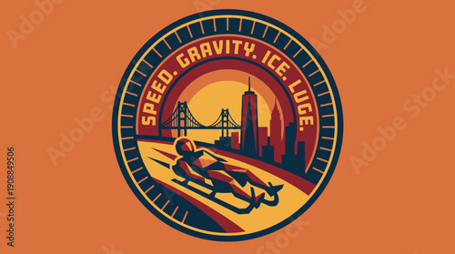 Luge Ice Sliding Sport Emblem Featuring a City Skyline and Golden Gate Bridge