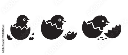Stage Chick Hatching from Eggshell Icon Sequence, Representing Birth, New Life, and Growth.