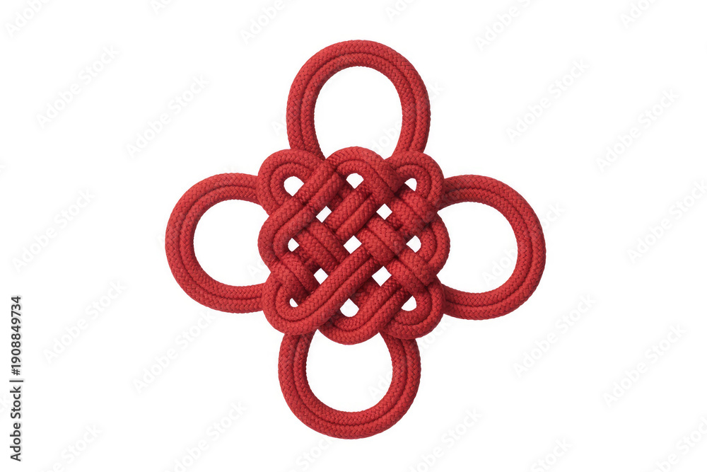 Obraz premium Red woven cord knot with four loops isolated on white background