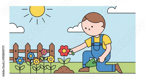 Gardener planting flowers in a sunny garden simple flat vector illustration for spring or summer concept isolated on white