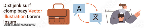 Language translation, office communication, corporate workflow, productivity tools, professional workspace, and multilingual services. Office briefcase, language exchange icons, and a businessperson