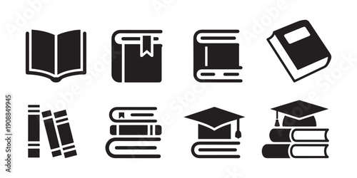 Collection of Book Icons. Open Book, Stacked Books, Graduation Caps - Education & Knowledge Symbols.