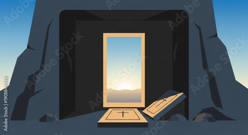 Open tomb with a bright sky and sunrise visible representing resurrection and new beginnings conceptual illustration for Easter and faith