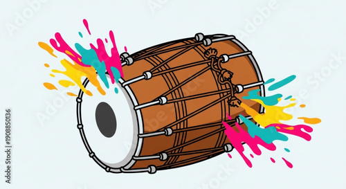 Dhol drum with colorful powder explosion traditional Indian musical instrument for festivals and celebrations isolated on white background