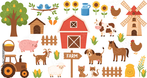 Flat vector illustration set of cute farm animals including cow horse pig sheep goat dog cat chicken and barn windmill tractor for countryside.