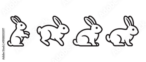 Cute Rabbit Icons. Sequence of Four Bunnies in Motion, Simple Line Art, Easter Spring Concept.