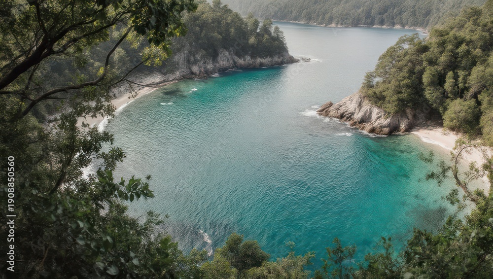 Fototapeta premium Secluded Cove with Turquoise Waters and Lush Greenery in Abel Tasman National Park.