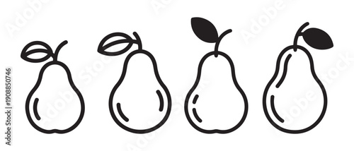 Line Art Icon Set of Four Pears Growing in Size and Detail with Leaves, Simple Flat Design.