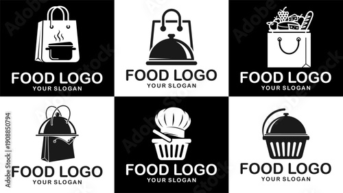 Flat fast food logo bundle with culinary icons. Perfect for delivery apps, restaurants, and supermarket branding projects