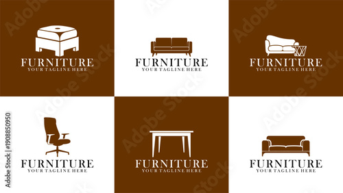 Minimal furniture logo set with sofa, chair, cabinet, and lamp icons. Editable vector design, scalable and suitable for branding and interior businesses.