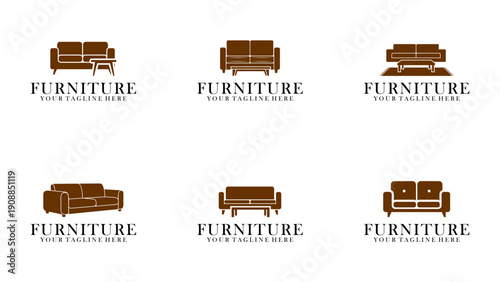 Minimal furniture logo set with sofa, chair, cabinet, and lamp icons. Editable vector design, scalable and suitable for branding and interior businesses.