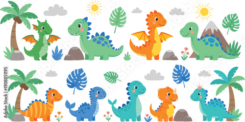 Flat vector illustration set of cute baby dinosaurs with palm trees mountains sun clouds monstera leaves and flowers for kids nursery wall decoration.