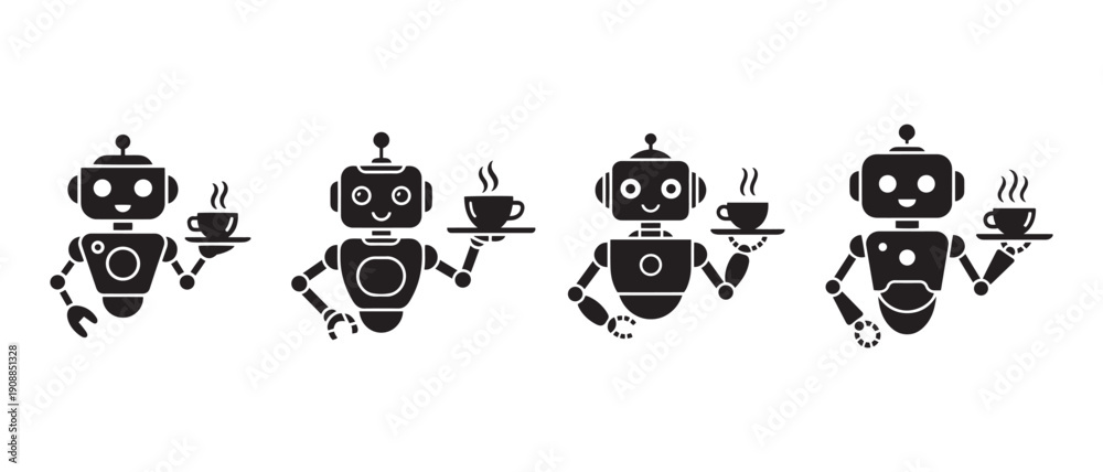 Fototapeta premium Friendly Robots Serving Coffee Cups with Steam Set of Four Icons, Technology, Service, and Hospitality.