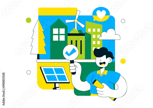 Green Building Certification Vector Illustration Featuring Sustainable Architecture and Eco-Friendly Development in a Flat Cartoon Style Background