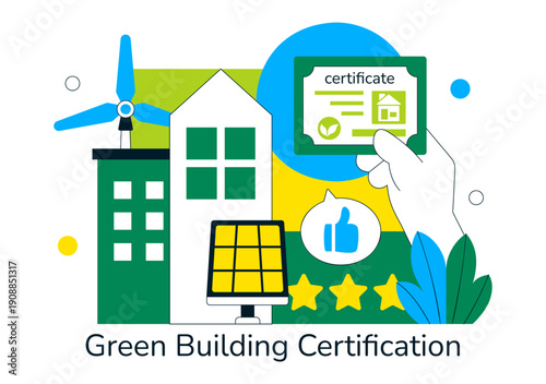 Green Building Certification Vector Illustration Featuring Sustainable Architecture and Eco-Friendly Development in a Flat Cartoon Style Background