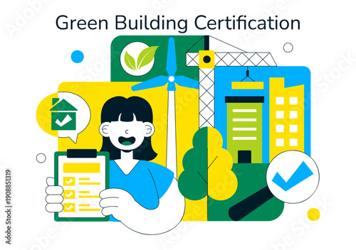Green Building Certification Vector Illustration Featuring Sustainable Architecture and Eco-Friendly Development in a Flat Cartoon Style Background