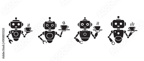 Friendly Robots Serving Coffee Cups with Steam Set of Four Icons, Technology, Service, and Hospitality.