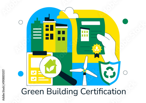 Green Building Certification Vector Illustration Featuring Sustainable Architecture and Eco-Friendly Development in a Flat Cartoon Style Background