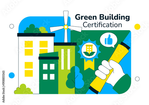 Green Building Certification Vector Illustration Featuring Sustainable Architecture and Eco-Friendly Development in a Flat Cartoon Style Background