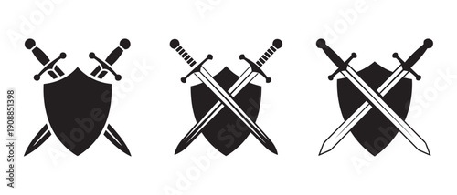 Crossed Swords and Shields Icon Set. Medieval Combat, Protection, and Heraldry Symbols for Design.