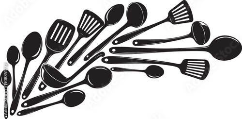 Collection of kitchen utensils in black and white illustration