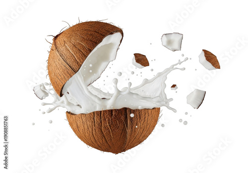 Fresh coconut cracked open with white milk splashing and pieces flying against isolated on transparent background