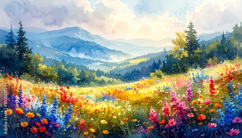 Vibrant watercolor painting of a colorful meadow with mountain range scenery