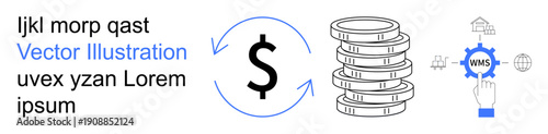 Business management, e-commerce, warehouse automation, supply chain logistics, financial operations, digital transformation. Dollar sign, coin pile and a WMS gear icon. Financial operations