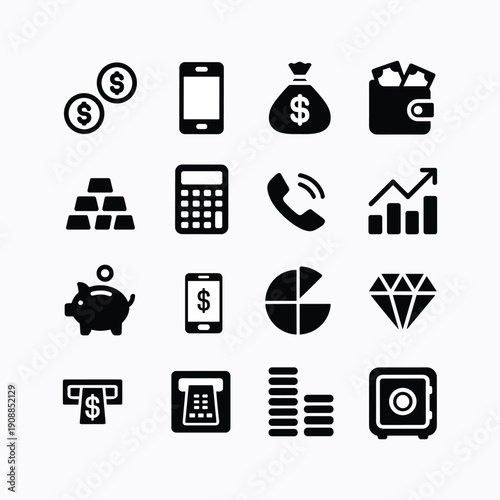Black and white of finance and business symbols money phone vector illustration isolated on white background.