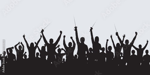 Silhouette of a cheering crowd with hands raised in celebration and excitement.