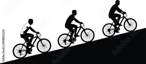 Cyclists riding uphill silhouettes isolated black vector illustration representing progress determination teamwork endurance fitness motivation success on white background