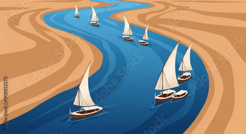 Sailing boats navigate through a winding river flowing through a desert landscape with sandy banks