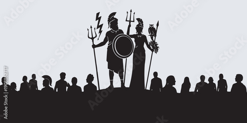 Silhouettes of ancient Greek gods Zeus and Athena standing before a crowd of people.