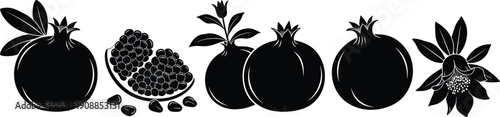 Set of Pomegranate Fruit Vector Silhouettes Featuring Whole Fruits Seeds and Blossoms for Organic Juice Branding Healthy Food Packaging Botanical Illustration and Garden Concepts