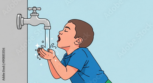 Young boy drinking fresh water from a faucet outdoors on a sunny day