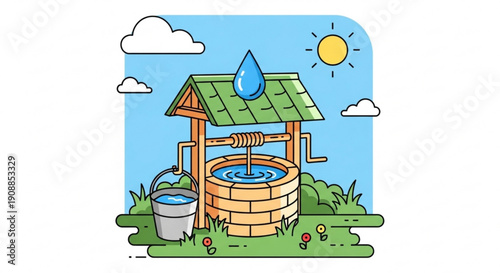 Well with green roof and bucket under sunny blue sky with clouds