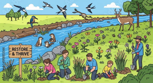 People planting flowers by a river with a sign that reads 'restore thrive' in a natural landscape with animals and birds