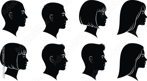 Human face profile silhouettes set isolated black vector illustration showing male and female heads side view portraits on white background