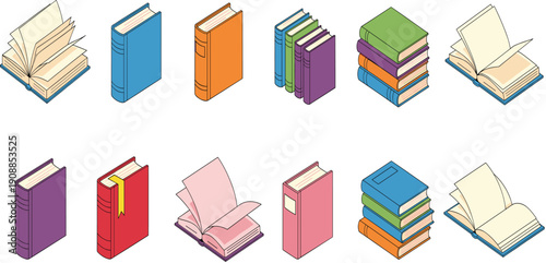 Isometric vector illustration set of colorful books including open books stacked literature with bookmarks and hardback covers for library education and reading.