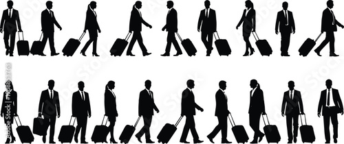 Business travelers silhouettes walking with suitcases isolated black vector illustration showing corporate travel commute professional people journey on white background
