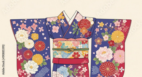 Vibrant traditional japanese kimono with floral patterns on blue background