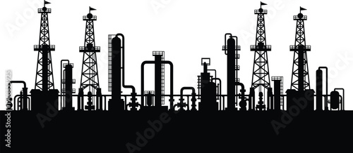 Industrial oil refinery silhouettes isolated black vector illustration depicting petroleum processing plant pipelines towers energy production on white background